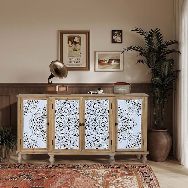 English Elm 4-Door Hollow-Carved Accent Cabinet with Floral Doors, Distressed Natural Wood Storage Cupboard, Adjustable Shelves for Entryway Living Room Dining Room W2295P257039