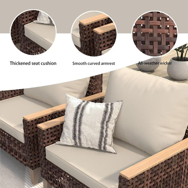 English Elm High Back Rattan Outdoor Sofa Set 5 Piece 7 Seat Patio Furniture with Thick Cushions W2071S00009