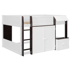 English Elm Twin House Loft Bed with Pull Out Rolling Desk Stair Drawers and Cabinet Storage Espresso+White N820S00074P