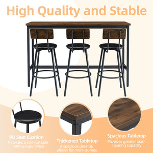 English Elm Bar Table Set with 3 Pu Leather Stools Industrial Steel Frame Rustic Dining Nook W3204P428249