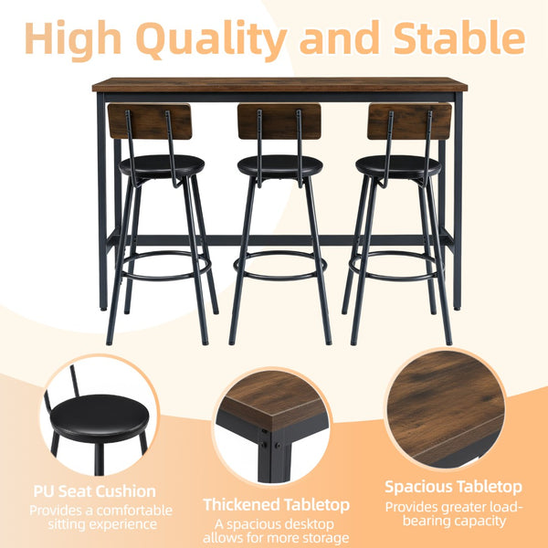 English Elm Bar Table Set with 3 Pu Leather Stools Industrial Steel Frame Rustic Dining Nook W3204P428249