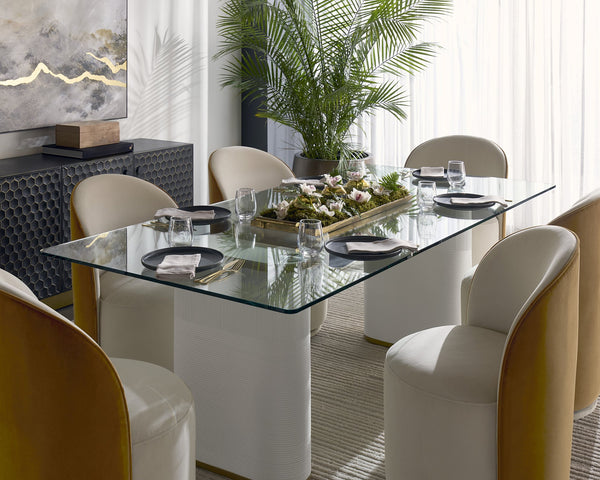 Sunpan Cavoli Swivel Dining Chair - Stylish Curved Design, Fully Upholstered for Ultimate Comfort and Elegance Meg Taupe / Meg Gold