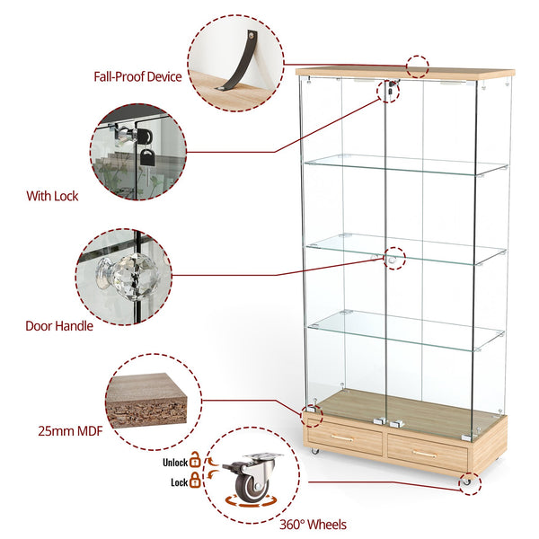 English Elm Modern Glass Display Cabinet With Led Lighting, 2 Drawers & 4 Shelves For Stylish Storage Solutions W241S00060