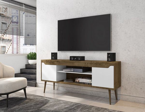 English Elm Bradley Rustic Brown And White 63" Tv Stand With Soft-Close Doors, Open Shelving, And Stylish Legs B365P398368
