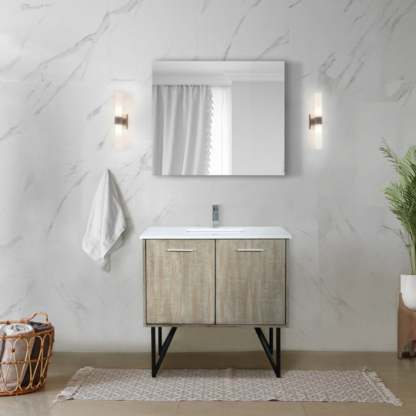 English Elm Rustic Acacia Bath Vanity 36" W X 20" D With White Quartz Top & Chrome Faucet - Organized Elegance! B2731P259610-GIGA