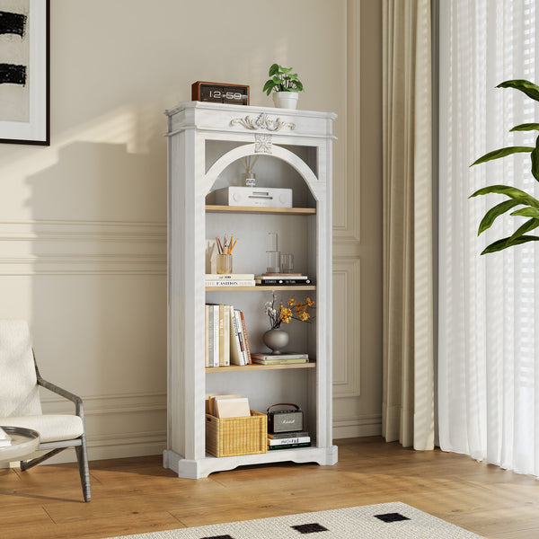 English Elm Antique Vintage White 4-Tier 65" Tall Bookcase - Distressed Carved MDF & Solid Wood Shelves for Home W3123P278008