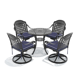 English Elm 5-piece Cast Aluminum Outdoor Dining Set with Swivel Chairs and Ornate Round Patio Table W1710S00332