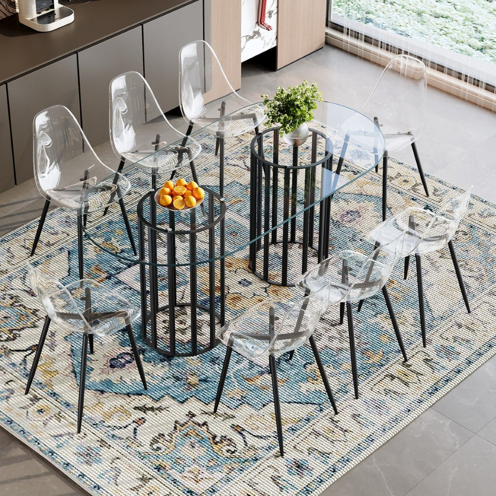 English Elm Table and Chair Set Oval Glass Top Seats 8 with Ghost Chairs Luxury Modern Dining W1151S04762