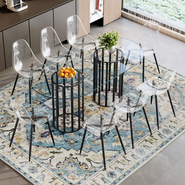 English Elm Table and Chair Set Oval Glass Top Seats 8 with Ghost Chairs Luxury Modern Dining W1151S04762