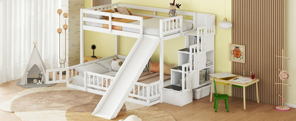 English Elm Twin Over Full Bunk Bed With Slide & Storage Staircase - Stylish Pine Bed With Safety Guardrails, White W504S00185-GIGA