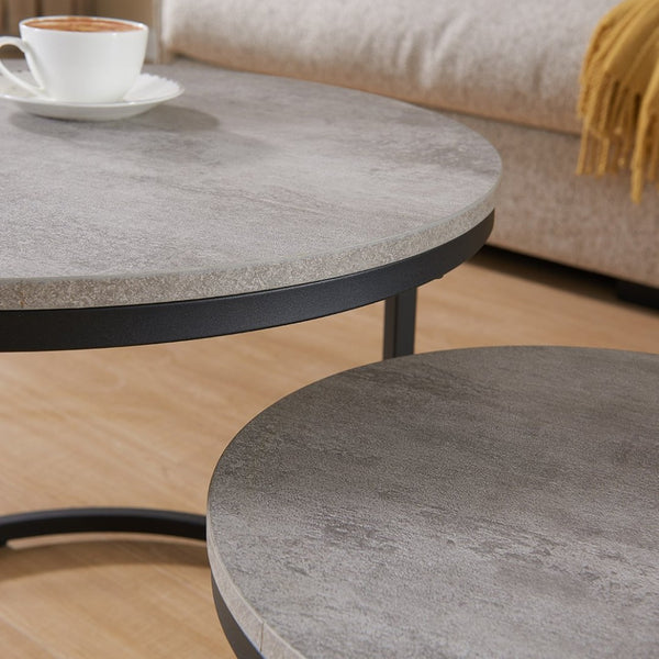 English Elm 24" Round Nesting Coffee Tables Faux Concrete Mdf Top Matte Black Metal Frame W3151P400586