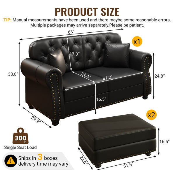 English Elm 63"upholstered Faux Leather Loveseat Mid-century Chesterfield Tufted Nailhead Sofa Set Black W1885S00426