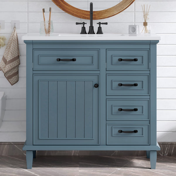 English Elm 36 Inch Bathroom Vanity With Ceramic Sink, Adjustable Shelf, Stylish Storage, Modern Blue Finish N725P336554C