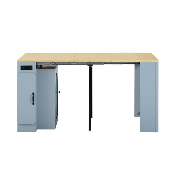 English Elm TREXM Extendable Dining Table with LED Light Strip, Built-In USB/Type-C Outlet, Rolling Space-Saver Cabinet Grey-Blue,Natural XW000024AAE