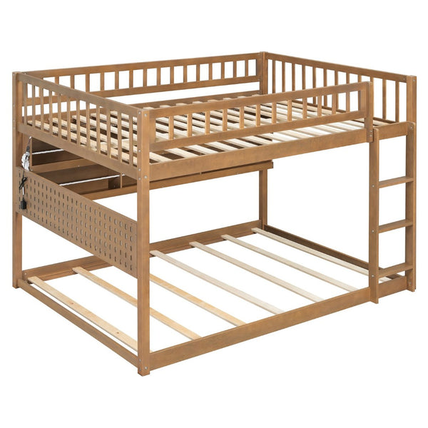 English Elm Full Over Bunk Bed with Led Lighting Pegboard Shelving and Pine Wood Frame Brown LT000278AAP