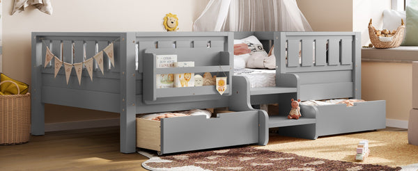 English Elm Twin Kids Storage Bed with Bookshelf Headboard Safety Staircase and Under Drawers Gray W1580P379185