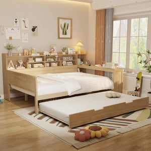 English Elm Wooden Twin Daybed with Trundle Built-in Desk and Open Shelves for Kids Rooms Natural N733S373391M