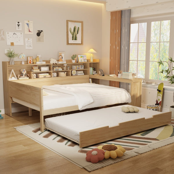 English Elm Wooden Twin Daybed with Trundle Built-in Desk and Open Shelves for Kids Rooms Natural N733S373391M