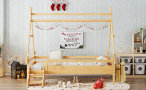 English Elm Twin House Shaped Platform Bed Solid Pine Frame with Built in Stairs for Kids W1580P354719