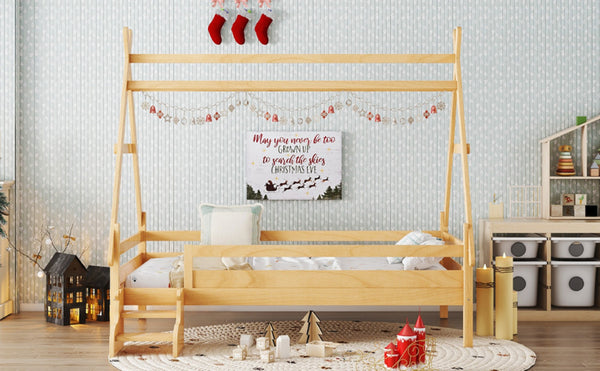 English Elm Twin House Shaped Platform Bed Solid Pine Frame with Built in Stairs for Kids W1580P354719