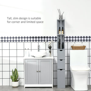 English Elm HOMCOM 54" Tall Bathroom Cabinet – Narrow Freestanding Linen Tower with Shelves, Drawers, Wall-Secure Gray W2225P173991