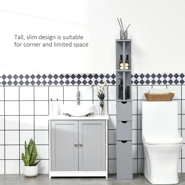 English Elm HOMCOM 54" Tall Bathroom Cabinet – Narrow Freestanding Linen Tower with Shelves, Drawers, Wall-Secure Gray W2225P173991