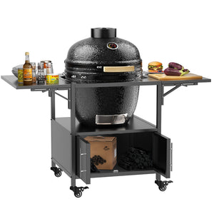 English Elm Outdoor Metal Kamado Grill Cart with Folding Prep Panels and Bottom Storage Compartment W3190P305785