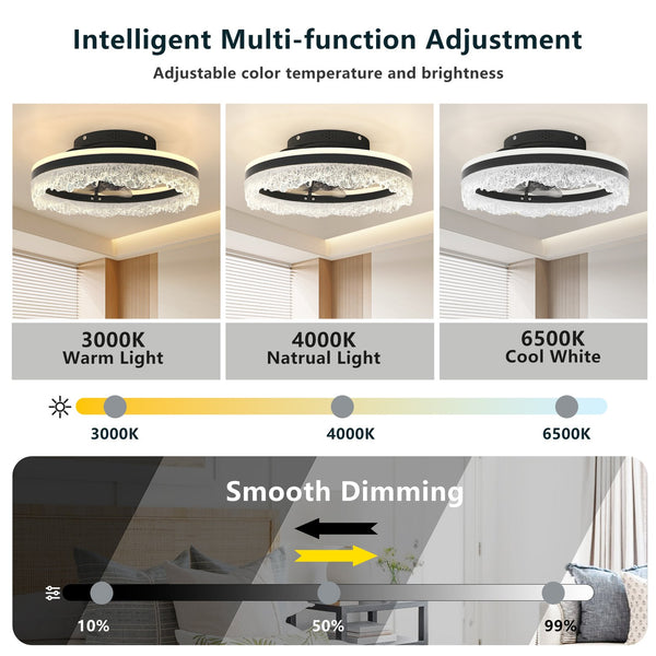 English Elm 16" Modern LED Ceiling Fan with Hidden Blades, Remote & App Control, Dimmable Crystal Flush Light W2312P368704
