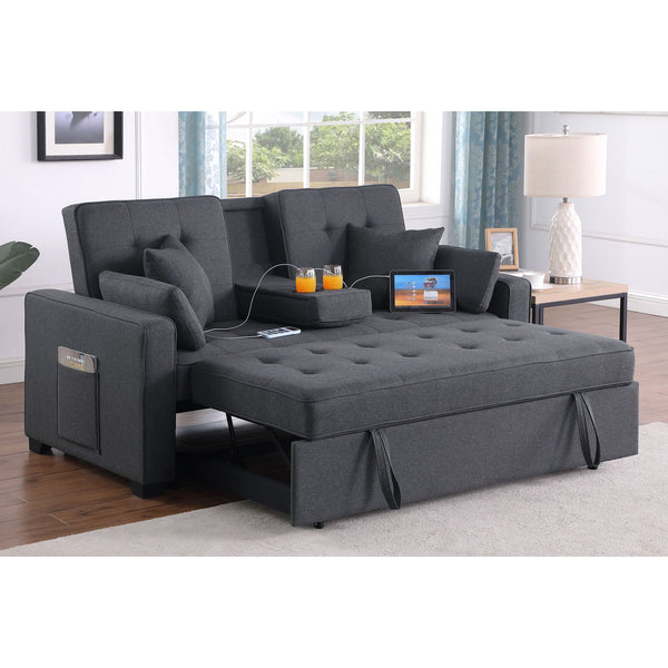 English Elm Linen Convertible Sleeper Loveseat with USB Ports, Cup Holders & Storage Pockets — Dark Gray Comfort B016S00047