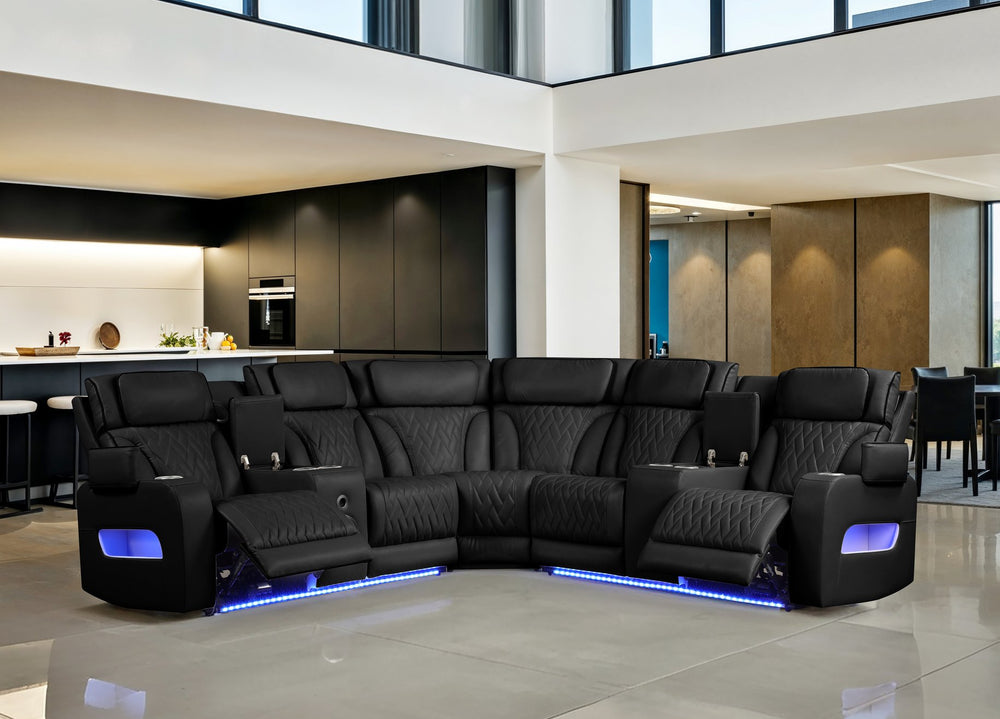 English Elm Jazz Quilted Leather 117" Power Reclining Sectional Sofa with Bluetooth Speakers, LED Lights, USB-C Ports and Hidden Storage B061S00924