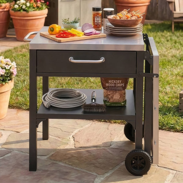 English Elm Outdoor Bbq Prep Cart Rolling Stainless Steel Grill Station with Foldable Work Surface Black N719P407403B