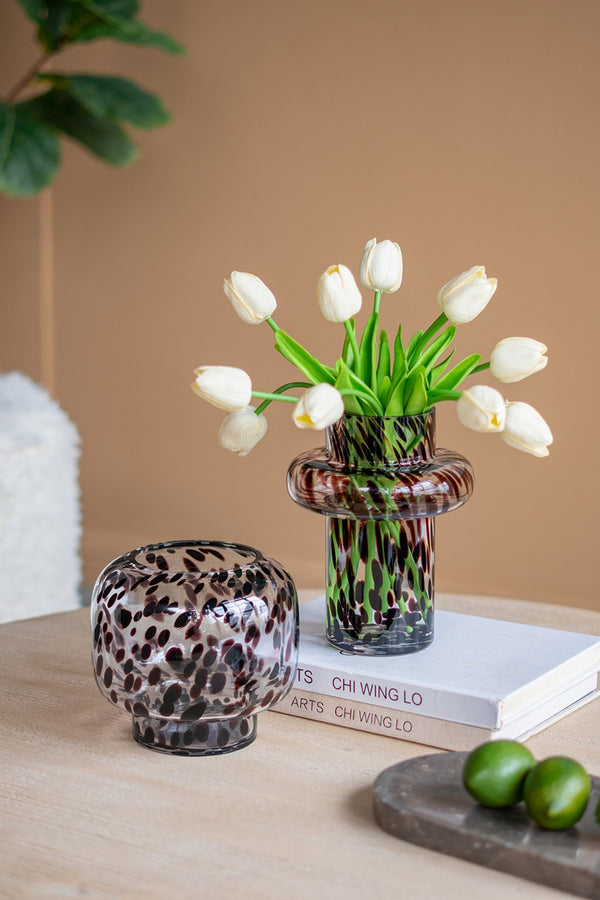 English Elm D6.3x5.7" Clear Glass Accent Vase with Amber Spot Artistry, Short Round Silhouette for Decor W2078P357240