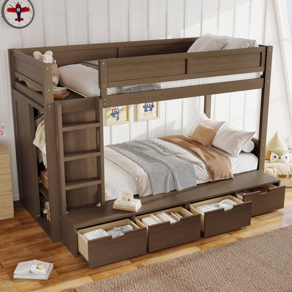 English Elm Twin Triple Bunk Bed Metal L-shaped Frame Sleeps Three Kids White Finish Brown W1580S00644