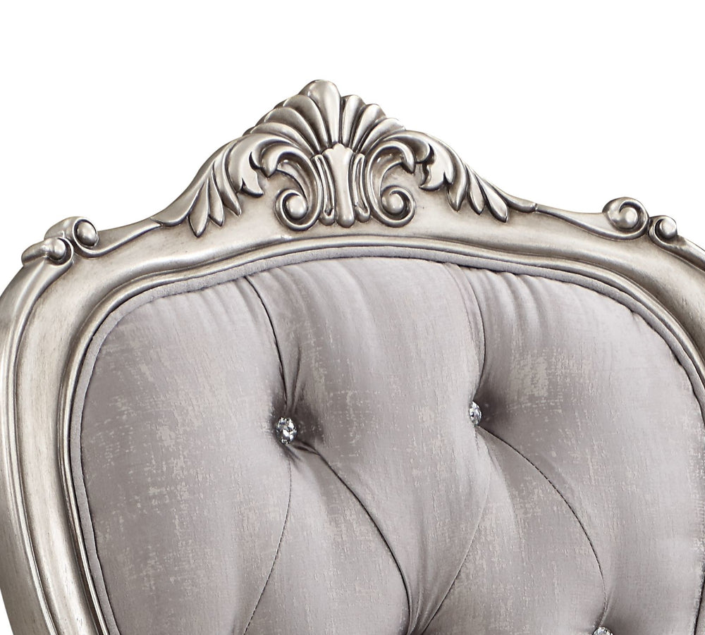 English Elm Beige Velvet Tufted Side Chair Set of 2 with Antique Platinum Scroll Legs, Crystal Buttons, 3" Foam Seat B062P209226