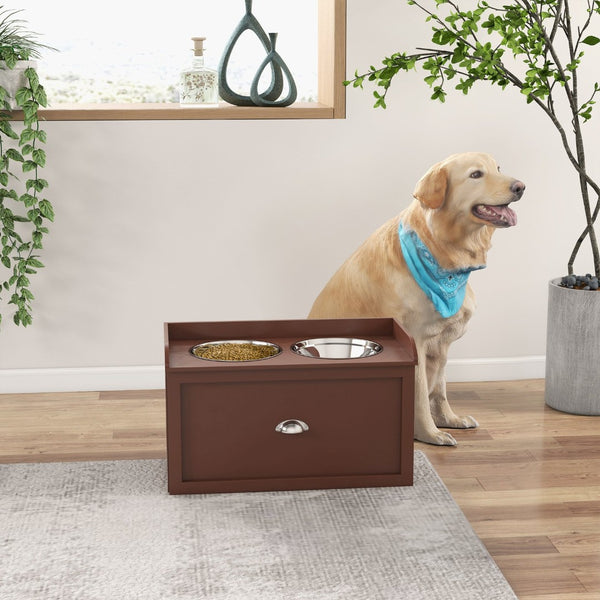English Elm Pawhut Elevated Dog Feeding Station With Storage Drawer & Removable Bowls For Large Breeds, Brown W2225P217613-GIGA