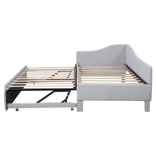 English Elm Twin L-shaped Linen Upholstered Daybed with Hydraulic Pop-up Trundle for Guest Rooms Gray SF000193AAE-1