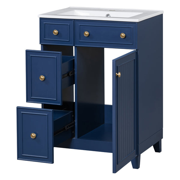 English Elm 24-Inch Bathroom Vanity Cabinet with Ceramic Sink, Space-Saving Storage, Solid Wood Feet, Durable Finish Blue WF532034AAC