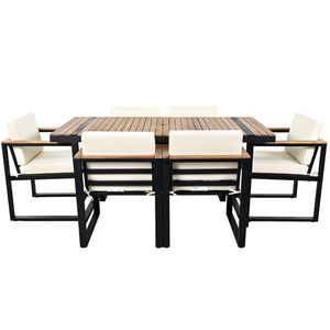 English Elm 7 Piece Outdoor Dining Set with Acacia Wood & Steel Frame, Water-Resistant Cushions, Umbrella Hole Beige N719Z000140A