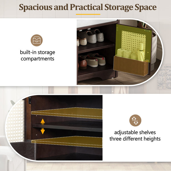 English Elm TREXM Rustic Storage Bench with Woven Rattan Doors, Removable Cushion & Adjustable Shelves for Entryway Home Organizing Beige,Espresso N715P308013P