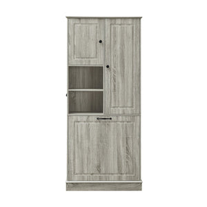 English Elm Tall Storage Cabinet with Flip-Out Basket, Adjustable Shelves & Aluminum Handles for Organized Living Oak N725P322739L