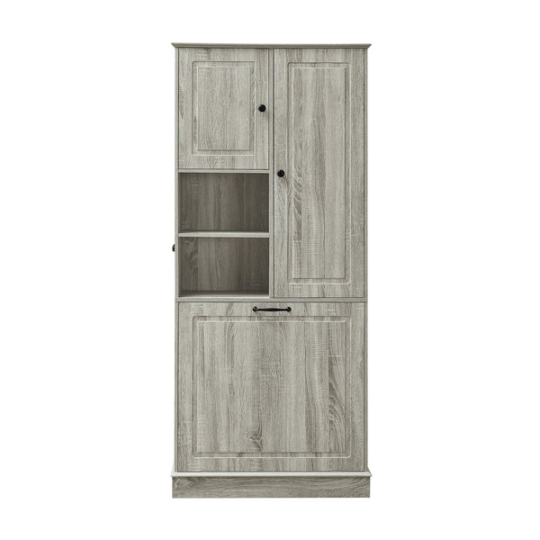 English Elm Tall Storage Cabinet with Flip-Out Basket, Adjustable Shelves & Aluminum Handles for Organized Living Oak N725P322739L
