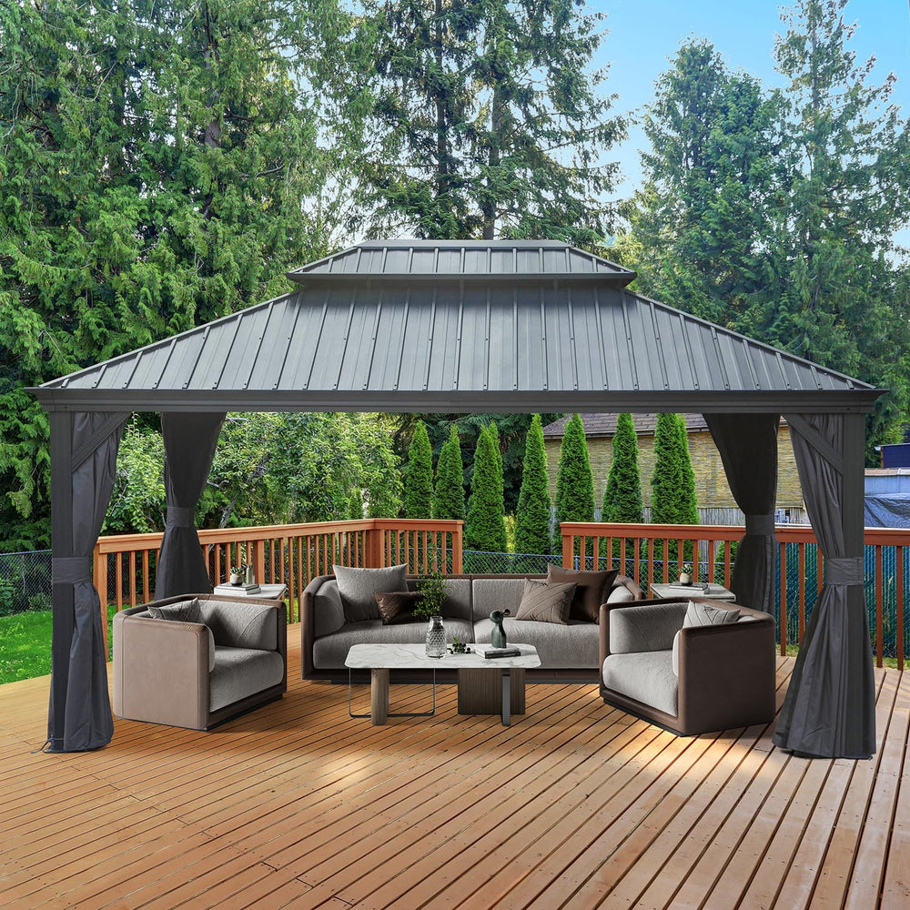 English Elm 12' x 16' Hardtop Gazebo Durable Aluminum Frame with Double Steel Roof, Curtains, Netting, Patio Oasis W1859S00163