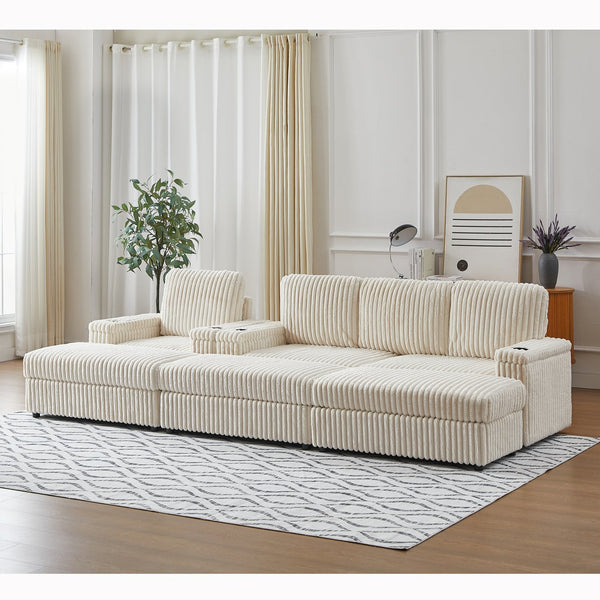 English Elm Corduroy minimalist coffee table conversion sofa set with cup grooves, recliner comfort and L-shaped layout for hosting Beige W834S00546