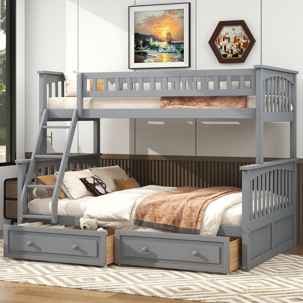 English Elm Twin Convertible Bunk Bed with Built-In Rolling Drawers and Solid Pine/MDF Frame, Space-Saving Durable Design Gray N7090004020E