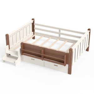 English Elm Twin Kids Platform Bed with Trundle Staircase Bookshelf and Rounded Safety Rails Beige W1580S00539