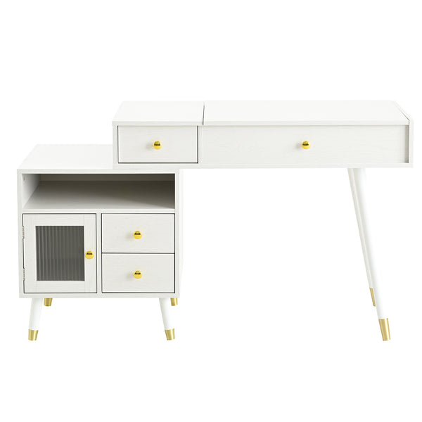 English Elm 3-in-1 Vanity Desk with LED Flip Mirror, Compact Makeup/Dressing Table with Storage Drawers & Stool White N844P291656A