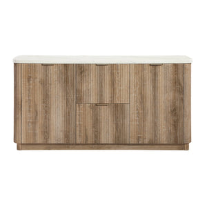 English Elm Donnie Natural Wood Storage Buffet with Marble-Look Top, Farmhouse Cabinet & Drawer Organizer - Rustic Elegance B201P405696