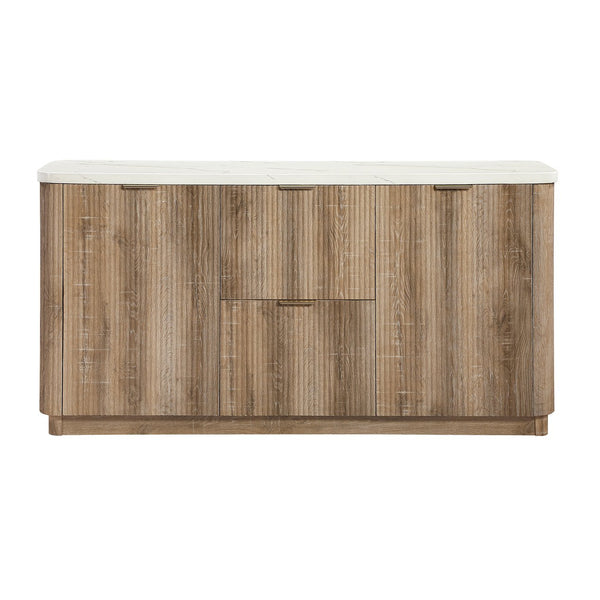English Elm Donnie Natural Wood Storage Buffet with Marble-Look Top, Farmhouse Cabinet & Drawer Organizer - Rustic Elegance B201P405696