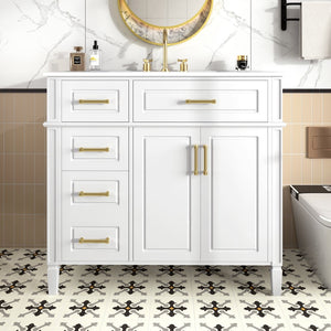 English Elm 36 Inch Freestanding Bathroom Vanity Sage Pine Cabinet Gold Hardware Ceramic Sink White N725P366466K