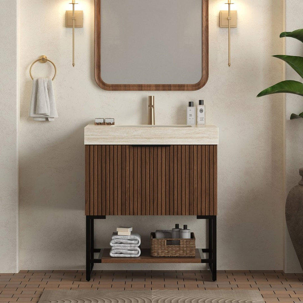 English Elm Yolan 30 Inch Freestanding Bathroom Vanity Plywood Cabinet Sintered Stone Top Oak Finish Beige,Black,Dark Walnut W2615S00667